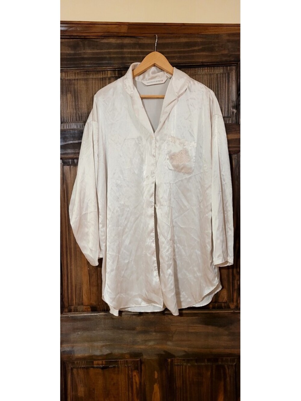 Vtg 90s Victoria's Secret Long Sleeve Button Up Satin Night Shirt White Size L